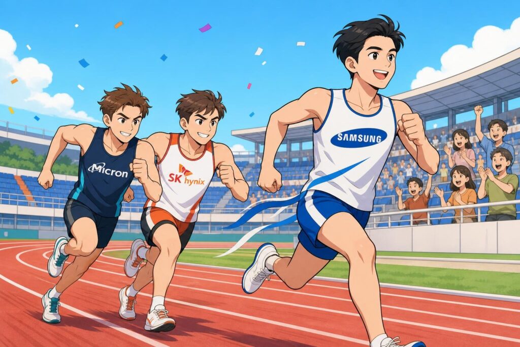 선두 주자 뒤로 두 주자가 바짝 붙어 달리는 육상 트랙
